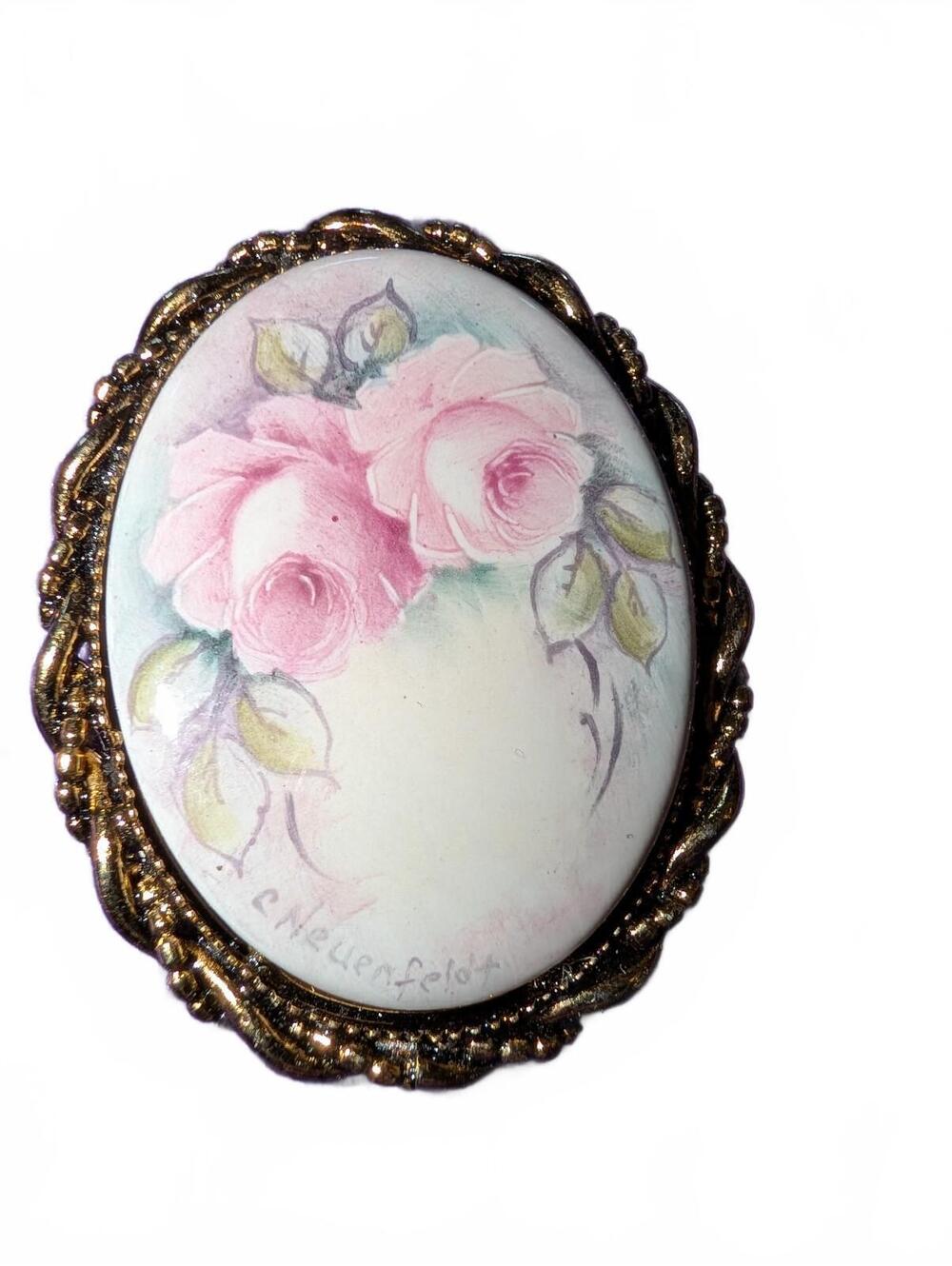 Vintage Hand-Painted Porcelain Floral Brooch with Gold-Tone Frame